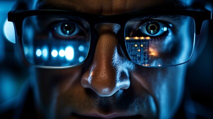 Close up view of focused businessman wears computer glasses for reducing eye strain blurred vision looking at pc screen with computer reflection using internet, reading, watching, working online late.