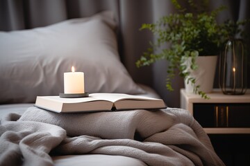 Burning candle with aroma sticks in bottle on tray with open book in bed over glowing Christmas lights close up. Cozy atmosphere at home. Good morning. Selective focus.