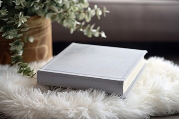 Fuzzy white fur plaid and and white notebook on marble table. Flat lay, top view, copy space
