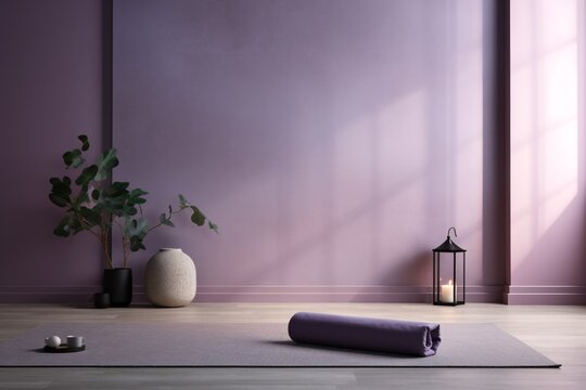 Minimal meditation room in white and purple tones, pillows, tatami mats and hanging armchair. Wooden beams and parquet floor. Japanese interior design