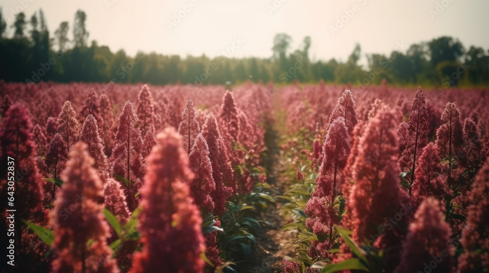 Poster amaranth flower field with sunny filter.