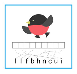 Puzzle game for children. Cartoon bullfinch vector. Read the word.
