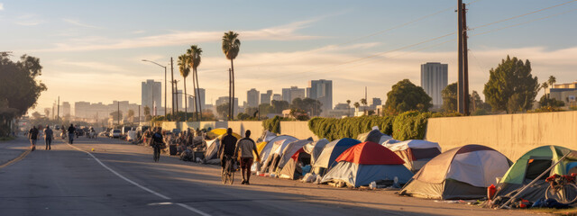 Homeless tent camp on a city street - obrazy, fototapety, plakaty