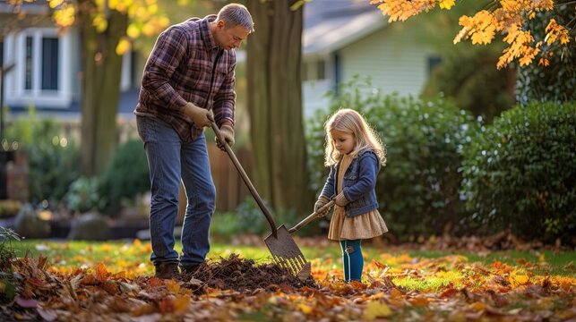 an older man helping a young girl to dig for leaves in the yard with a wheelbar rake and shovel