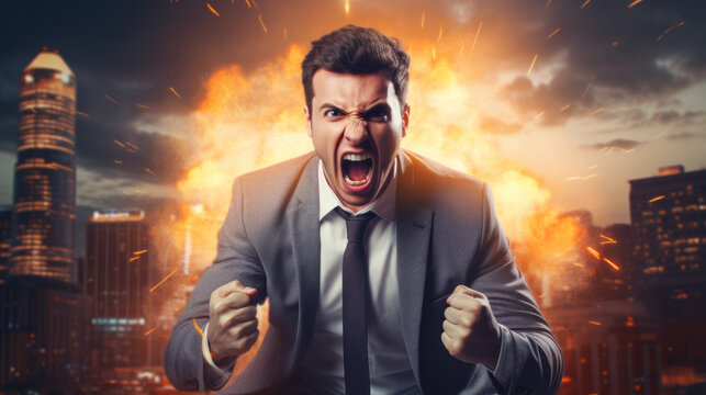 A very angry man. Businessman. Screaming and fire. Furious man. Rage. Anger issues. Venting. Apoplectic. Meltdown. Clenched fist.