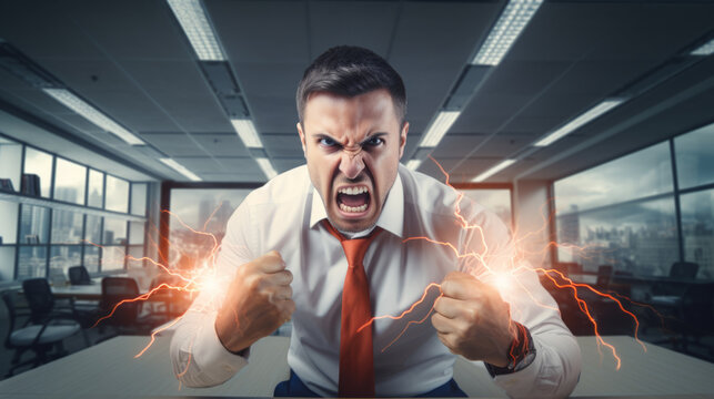 A very angry man. Businessman. Screaming. Sparks and electricity.  Furious man. Rage. Anger issues. Venting. Apoplectic. Meltdown. Clenched fist.