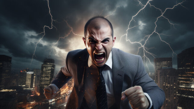 A very angry man. Businessman. Screaming. Sparks and electricity.  Furious man. Rage. Anger issues. Venting. Apoplectic. Meltdown. Clenched fist.