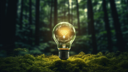 A lightbulb in a forest. A bright idea. Climate change. Solutions to difficult problems. Save the planet. Green solutions. recycling. Entrepreneurship. Market based solution. Environmental stewardship