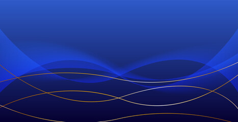 Blue abstract luxury background with wavy and golden ribbon shiny lines. Modern graphic pattern banner template design