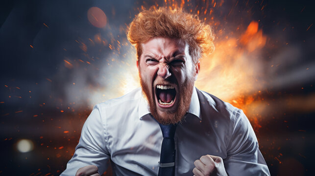 A very angry man. Businessman. Screaming and fire. Furious man. Rage. Anger issues. Venting. Apoplectic. Meltdown. Clenched fist.