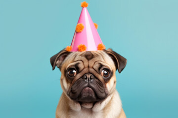 Pug dog dog with pink and orange birthday party hat on blue background