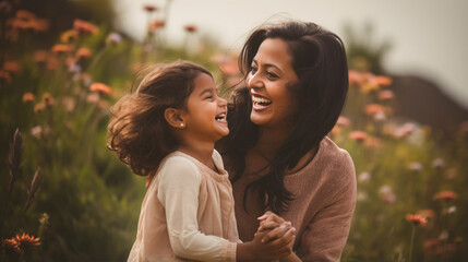 Amidst the great outdoors, an Indian mother and her daughter embrace, celebrating the warmth of family and love