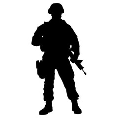 American Army soldier silhouette vector art, Military Standing with a weapon black Silhouette Clipart