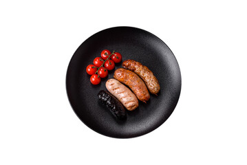 Delicious juicy sausages of several varieties grilled with salt, spices and herbs