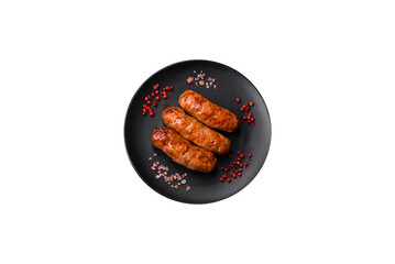 Delicious juicy grilled sausages with salt, spices and herbs
