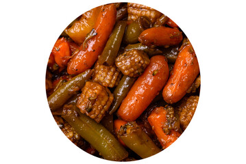 Mix of vegetables corn, carrots, peppers, broccoli, onions in teriyaki sauce on a ceramic plate