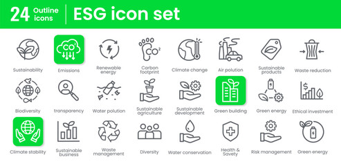 ESG Related Vector Line Icon. Environmental, Social, and Governance.