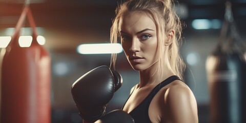Female boxers, female athletes punch sandbags correctly. female fitness boxing training in the gym