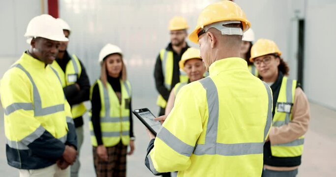 Manager, meeting and architect talking to team planning construction strategy information together for project. Architecture, contractor and leader in discussion with staff for teamwork on design