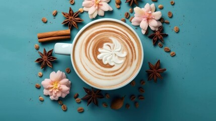 Obraz na płótnie Canvas Cup of coffee with latte art and flower on blue background. Background with a Copy Space.