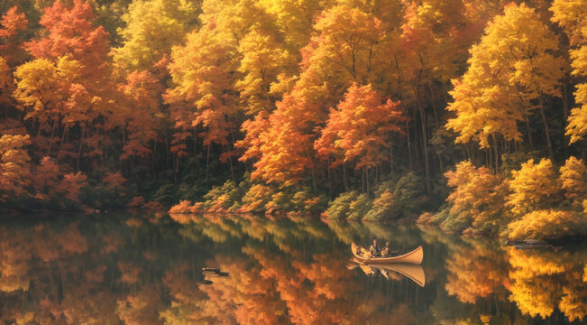 A forest lake in the heart of autumn, generative AI.