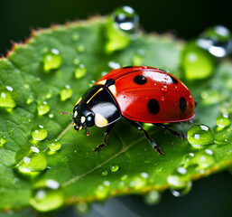 Ladybug on a green leaf with dew drops. Macro photography. Nature and animal life. Insects.