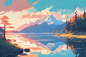 A landscape of a lake with mountains reflected in the water. Generative AI.