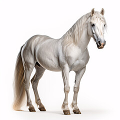 A handsome, pure white horse stands out vividly against a white background.