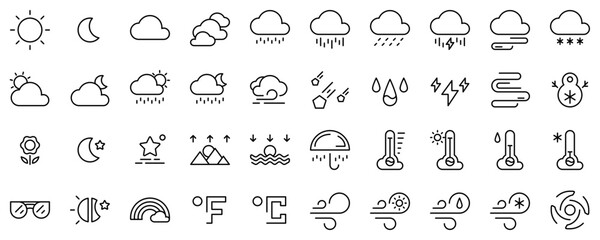 set weather icons, collection weather pack, cute clear line outline thin line stroke, weather icon set for a website or mobile app ui, sun moon cloud rain snow wind foggy, vector illustration.