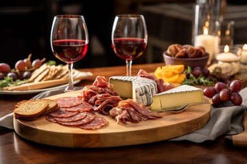 cheese appetizers on a wooden plate and glass of red wine