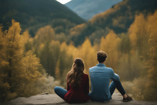   On Nature Trail - Young Couple Looking Over Wooded Valley, created with Generative AI technology