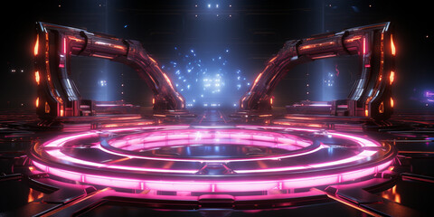 Fototapeta na wymiar Sci-Fi Futuristic Alien Spaceship Podium Tunnel Corridor Room Scene Glowing Laser Red Lights Showcase Garage 3D Rendering