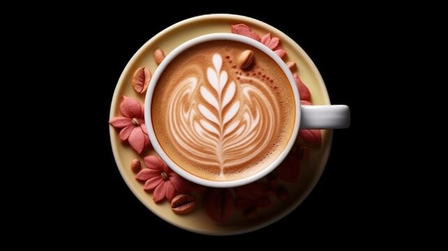 Cup of coffee with latte art on the black background. Background with a Copy Space.