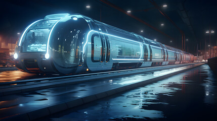 Fototapeta premium there is a train that is on the tracks at night Generative AI