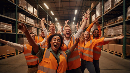 Fototapeta na wymiar Joyful team smiles against the backdrop of a warehouse