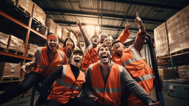 Joyful team smiles against the backdrop of a warehouse