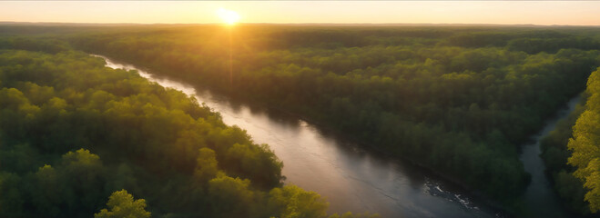 Aerial view of river in a forest at sunset. from Generative AI