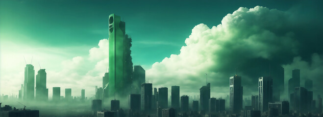 Apocalyptic city buildings with green clouds on the sky background from Generative AI