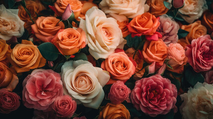 Background of pink orange and peach roses.