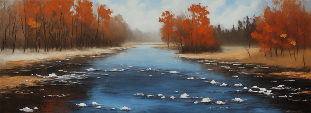 Dark colored pallet knife strokes painting of river on full white canvas from Generative AI