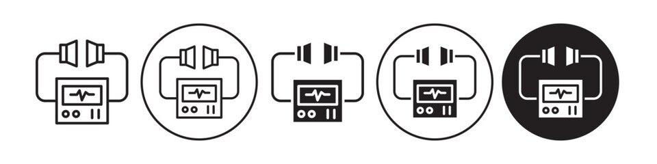 defibrillator icon. Heart attack patient treatment with electric shock defibrillation cardiac arrest symbol. Vector set of medical aid cpr or aed instrument machine. Flat outline of rescue help device - obrazy, fototapety, plakaty