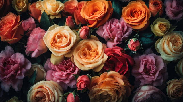 Background of pink orange and peach roses. © Matthew