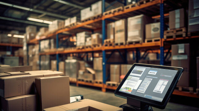 Computer tablet on blurred warehouse background