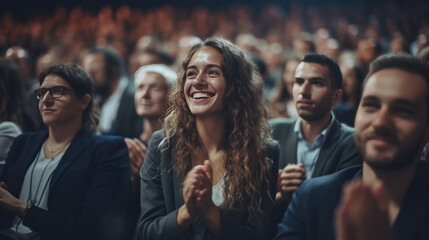 Young Female Sitting in a Crowded Audience at a Conference and Applauding After Speech.