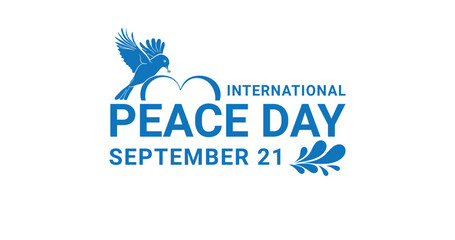 International Peace Day text. Peace dove holding an olive branch. Perfect for posters, banners, and covers.