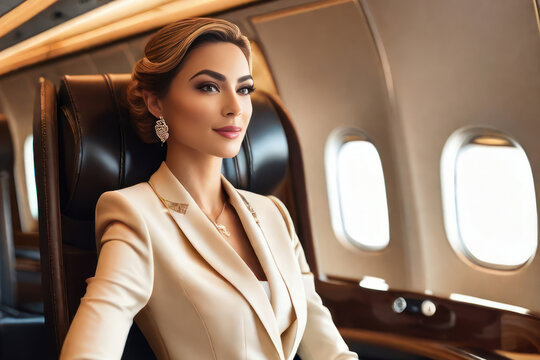 Business woman takes off in a luxury plane.Generative AI
