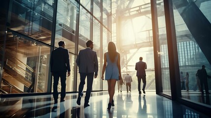 Business people walking through an office building.