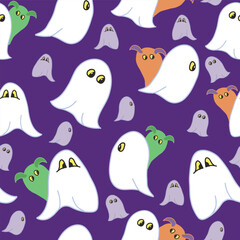 Cute Little Monsters Hiding Behind Cute White Ghosts on a Purple Background for this Vector Seamless Repeat Pattern Design