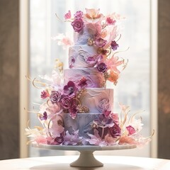 Elite wedding cake with a mix of fresh flowers, many levels, on a light background with space for text. Big stylish wedding cake. AI Generative.