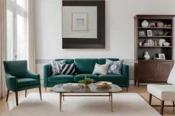 Interior mockup with picture frame on a Wall. Living room with sofa and painting on a wall 3D render.